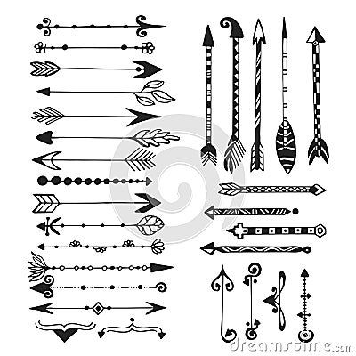 Cute arrows, hand drawn doodles set. Tribal, ethnic, hipster arrows sketch collection for design Vector Illustration