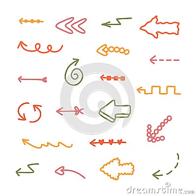 Cute arrows set in comic doodle style. Cartoon collection of arrows with hand drawn outline, curved lines, swirls in Vector Illustration