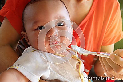 Cute Asian baby boy newborn eating glutton by mother feeding food supplements for babies Stock Photo