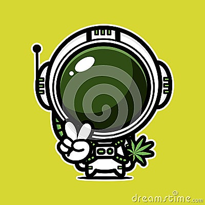 Cute astronaut cartoon character holding a marijuana leaf with a peaceful finger Vector Illustration