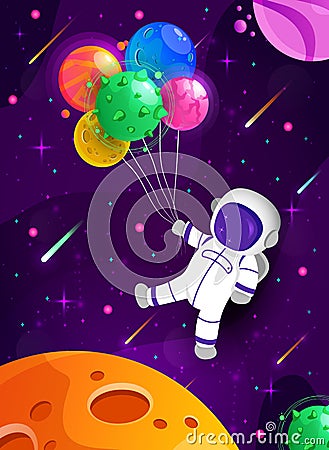 Cute astronaut cartoon floating with balloon planet in space background. Happy birthday postcard. Colorful universe Vector Illustration