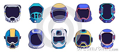 Cute astronaut helmet set. Cartoon cosmic spacesuit helmets with funny stickers, flat universe spaceship avatars for Vector Illustration