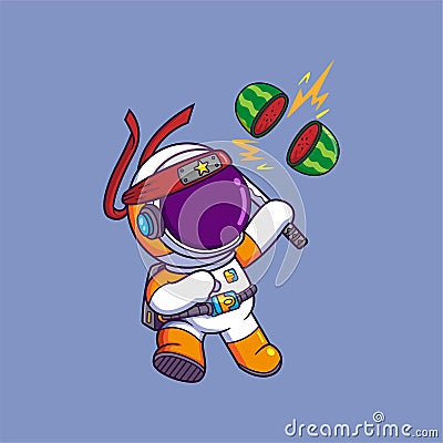 Cute Astronaut Ninja Holding Sword Cartoon character Vector Illustration