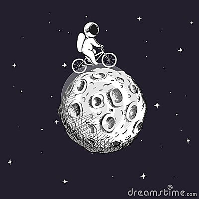 Cute astronaut rides on bicycle at the Moon Vector Illustration