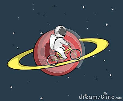 Cute astronaut rides on bicycle at the Saturn Vector Illustration