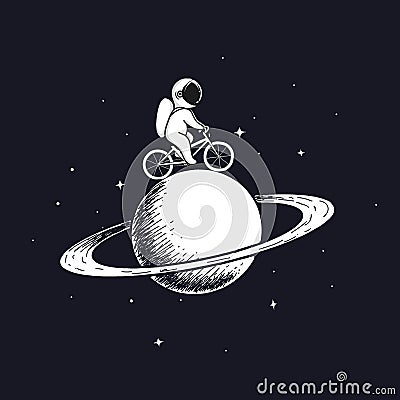 Cute astronaut rides on bicycle at the Saturn Vector Illustration