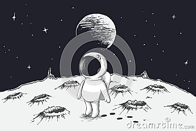 Cute astronaut walking on Moon Vector Illustration