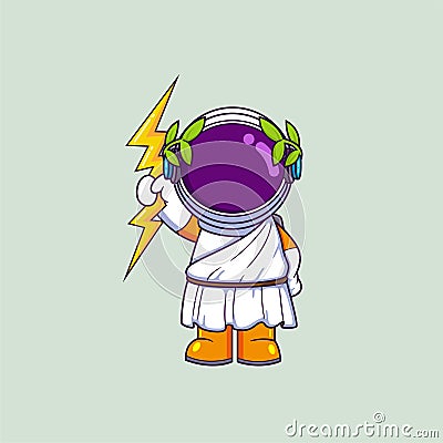 Cute Astronaut wearing Zeus Greek costume ancient God of thunder and lightning Vector Illustration