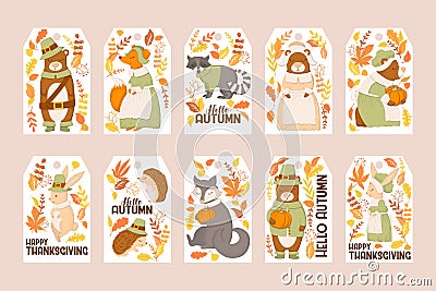 Cute autumn animals vector tags collection with hand drawn animals, leaves and letterings isolated on white background. Vector Illustration