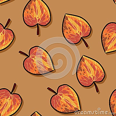 Cute autumn aspen leaves cartoon seamless pattern. Fall decoration hand drawn background texture tile Vector Illustration