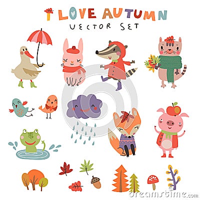 Cute autumn background with the characters Vector Illustration