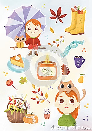 Cute Autumn Cozy Stickers. Cozy fall icons Stock Photo