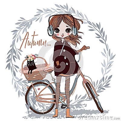 Cute autumn girl with cat Vector Illustration