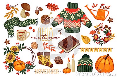 Cute autumn set, november acorn, yellow falling foliage. Kid candle and mushrooms, october apples, cozy forest, pumpkin Vector Illustration