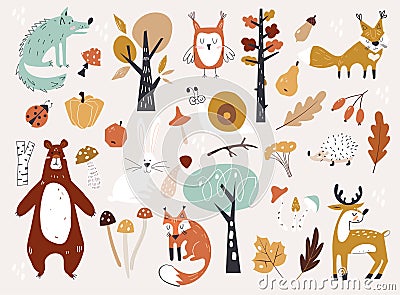 Cute Autumn Woodland Animals and Floral Forest Design Elements. Set of cute autumn cartoon characters, plants and food Vector Illustration