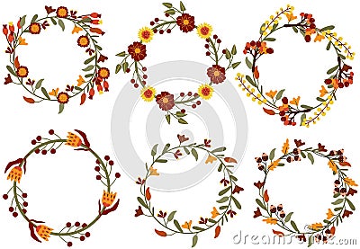 Cute Autumn wreaths with colorful flowering, berryes, leaves. Composition for your greeting cards, poster, postcard Vector Illustration