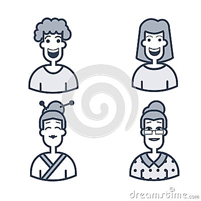 Cute avatars. Characters of different ages. Vector line style icons . Stroke logo concept for web graphics. Stock Photo