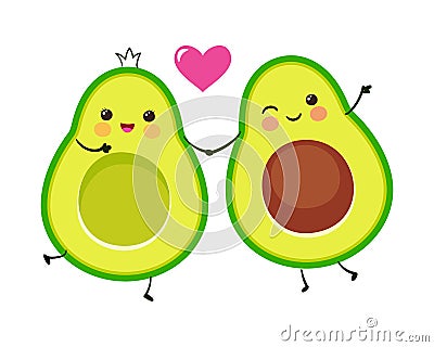 Cute avocado couple. Cartoon Valentines day greeting card. Vector funny picture. Vector Illustration