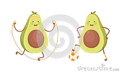 Cute avocado doing sports set. Funny healthy nutritious fruit jumping with skipping rope and playing soccer cartoon Cartoon Illustration