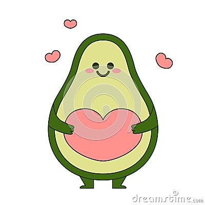 Cute avocado holding a pink heart. Flat design for poster or t-shirt. Vector illustration Vector Illustration