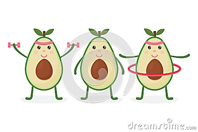 Cute Avocado take exercise. Eating healthy and fitness. Funny food cartoon character vector set isolated on background. Vector Illustration