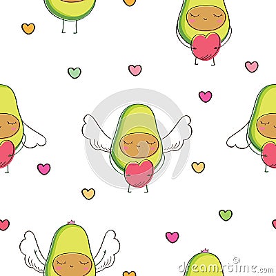 Cute avocados with wings and hearts. Cool seamless pattern for gift wrap, textile or book covers, wallpapers and scrapbook. Vector Illustration