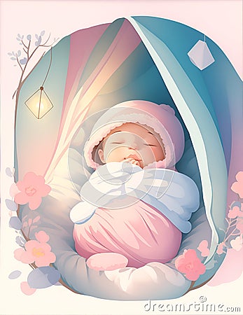 Cute babies sleeping under a blanket with a toy bunny. Sleeping baby in cartoon style, Illustration style Stock Photo