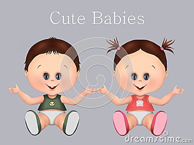 Cute babies, twins twin brothers i twin girls and baby boy. health and baby care, greeting card, postcard, healthy babies, Cartoon Illustration