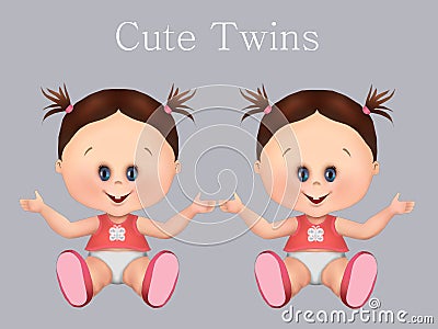 Cute babies, twins twin brothers i twin girls and baby boy. health and baby care, greeting card, postcard, healthy babies, Cartoon Illustration