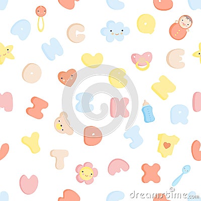 Cute Baby Alphabet and elements Vector seamless pattern Vector Illustration