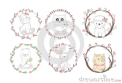 Cute baby animal with flower border cartoon hand drawn style,for printing,card, t shirt,banner,product.vector Vector Illustration