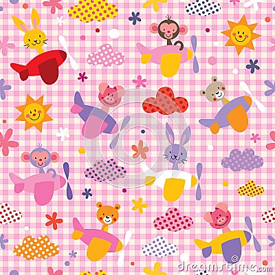 Cute baby animals in airplanes seamless kids pattern Vector Illustration