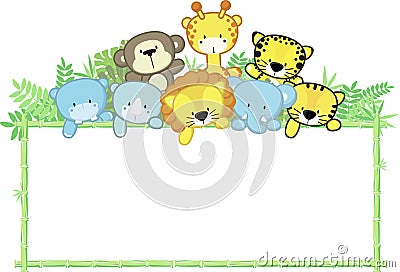 Cute baby animals and bamboo frame Vector Illustration