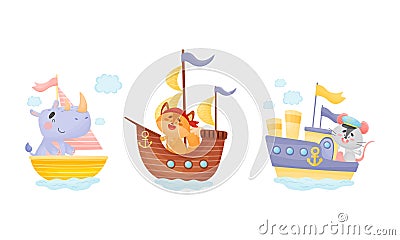 Cute baby animals captains set. Funny rhinoceros, cat, mouse sailors characters sailing on sailboats cartoon vector Vector Illustration
