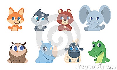 Cute baby animals. Cartoon pet and wild forest animal faces, funny character for greeting cards and invitation flyers Vector Illustration