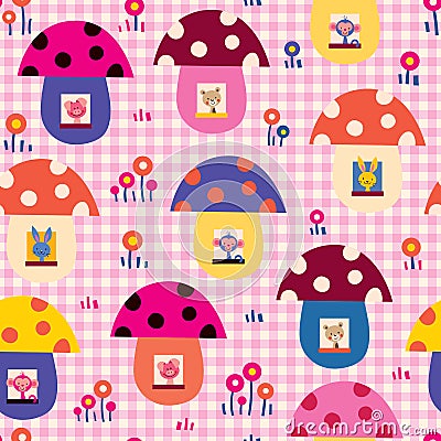 Cute baby animals in mushroom houses kids pattern Vector Illustration