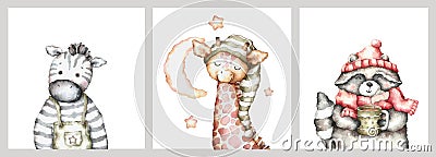 cute baby animals. portrait of giraffe, raccoon and zebra. set of posters for the nursery. watercolor illustration Cartoon Illustration