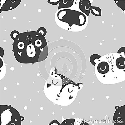 Cute baby animals seamless pattern, nursery isolated illustration for children clothing. Vector Illustration