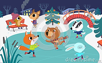 Cute baby animals skate on frozen river. Children have fun in the winter. Little fox, rabbit, badger and bear have fun Vector Illustration