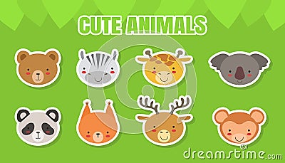 Cute Baby Animals Stickers Collection, Head of Bear, Zebra, Giraffe, Koala, Panda, Fox, Deer, Monkey Vector Illustration Vector Illustration