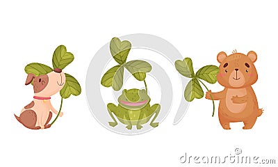 Cute baby animals with three leaf clover set. Adorable dog, frog, bear holding shamrock leaves cartoon vector Vector Illustration