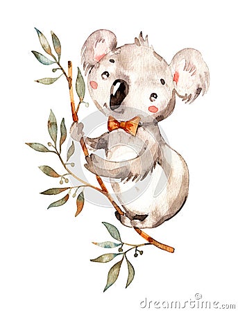 Cute baby Australian animal koala. Nursery watercolor handpainted kids boy girl illustration. boho clipart. hand drawn Cartoon Illustration