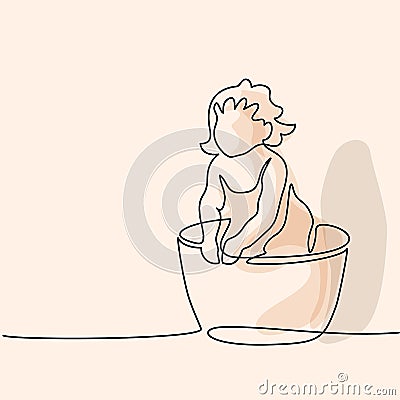 Cute baby is bathing in trough. Vector Illustration