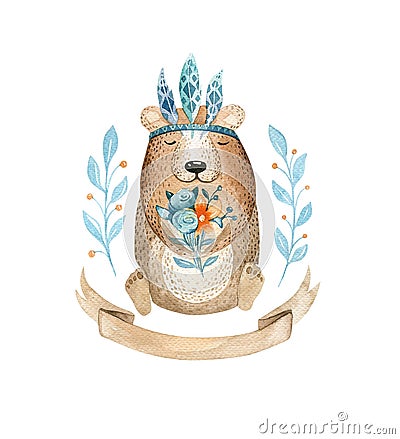 Cute baby bear animal for kindergarten, nursery isolated illust Cartoon Illustration