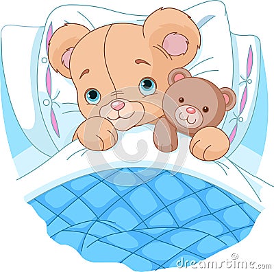 Cute baby bear in bed Vector Illustration