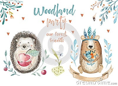 Cute baby bear and decor, forest drawing illustration, watercolour, hedgehog animal nursery isolated for children Cartoon Illustration