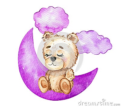 Cute Baby Bear with Flowers Watercolor Illustration, Little Bear with balloons Isolated on white background Cartoon Illustration