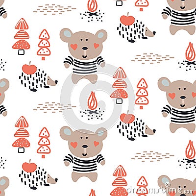 Cute baby bear and hedgehog in the woods seamless vector pattern. Vector Illustration