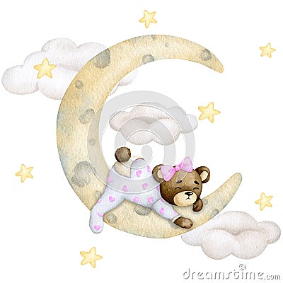 Cute baby bear in pajamas sleeping on the moon. Girl. Hand painted watercolor. Stock Photo