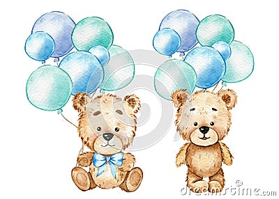 Cute Baby Bear Watercolor Illustration, Little Bear with balloons Isolated on white background Cartoon Illustration